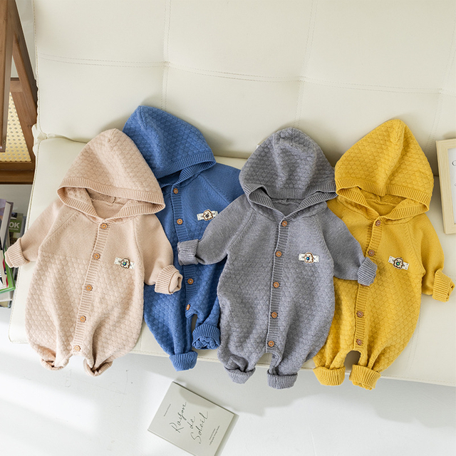 Organic Knit Baby Clothes Spring Kids Knitwear Jumpsuit Longsleeve Cotton Baby Romper Winter Baby Pajamas With Hat