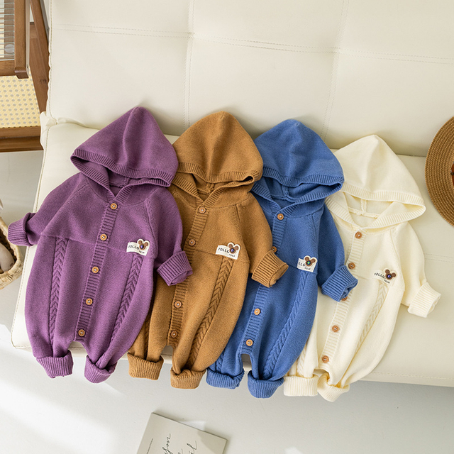 Baby Knitted Romper Infant Buttons Down Chunky Sweaters Onesies Plain New Born Baby Winter Knit Clothes Kids Jumpsuits