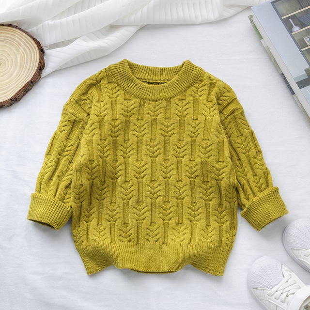 Kids Knitted Sweater Infant Solid Round Neck Pullover Trims Long Sleeve Sweaters Durable Tops